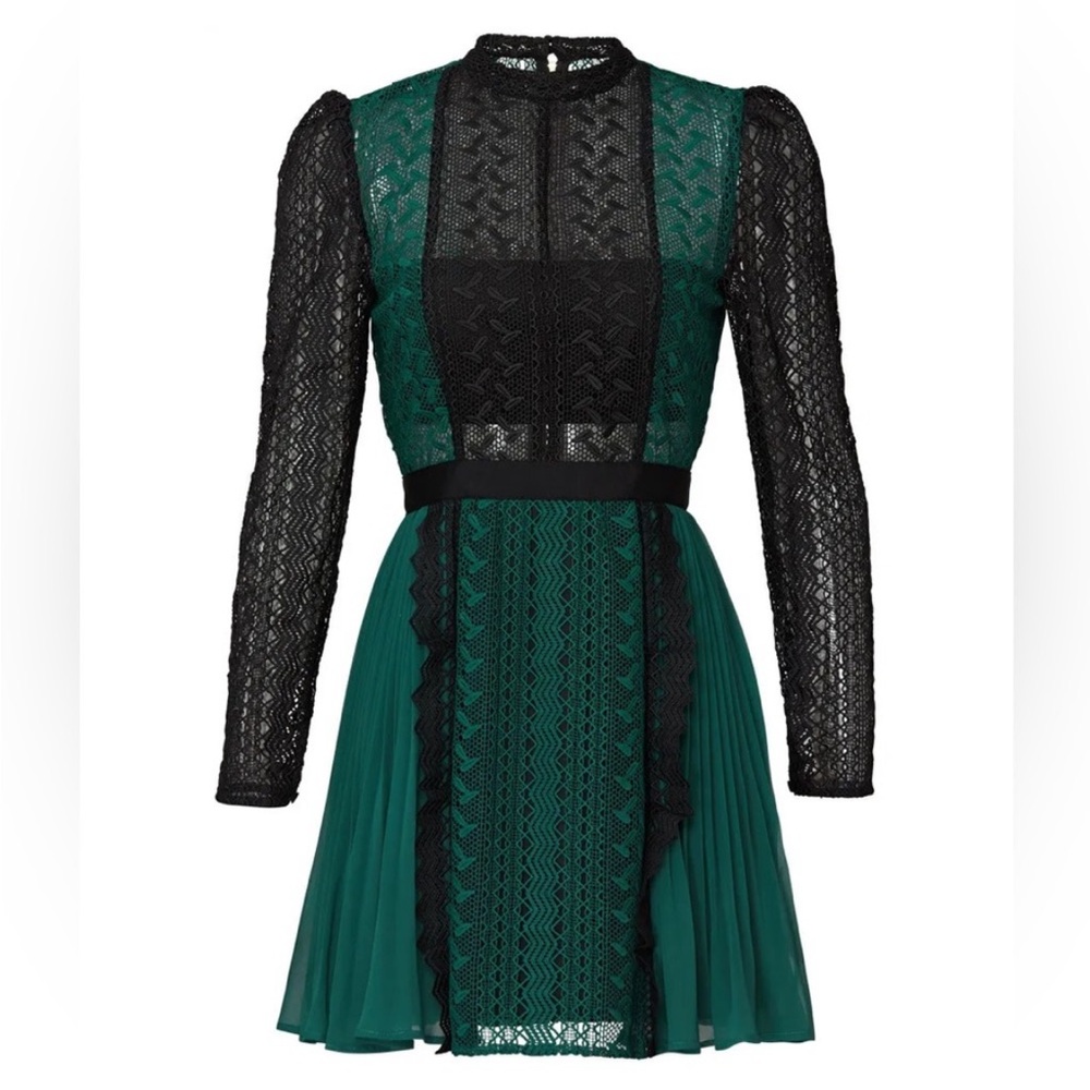 Self-Portrait Elegant Green and Black Lace Pleated A-Line